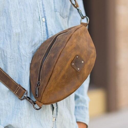 Retro designer natural crazy horse cowhide mens large-capacity chest bag casual daily outdoor work shoulder messenger bag