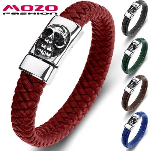 MOZO FASHION Wholesale Prices Punk Genuine Leather Stainless Steel Magnet Buckle Fierce Skeleton Bracelet Men New Jewelry 097