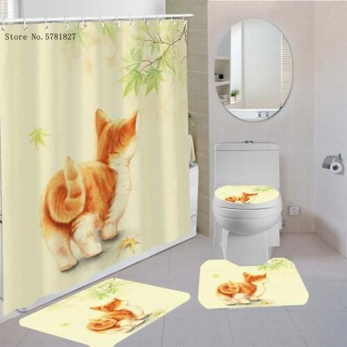 Bath Curtain Set Lovely Cute Cats Shower Curtains Set Kawaii Cartoon Pedestal Rug Toilet Mat Set 3D Print Shower Curtain Set