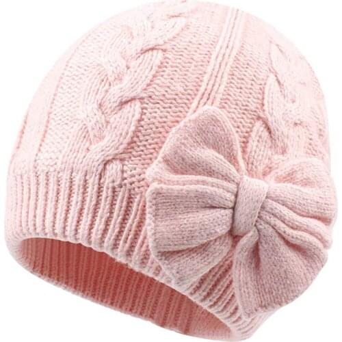 New Knitted Bowknot Knitted Hat Winter Warm Inner Baby Woolen Hat Childrens Hat Kids Toddler Bonnet Cap