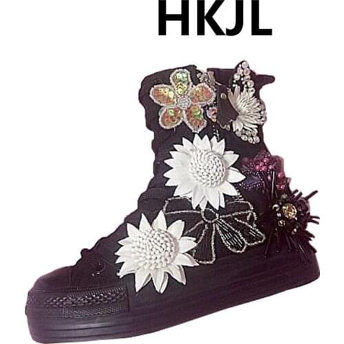 HKJL new lace high cut inside canvas shoes big card bow bead handmade Korean thick-soled shoes