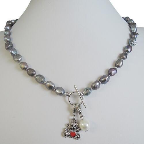 100% NATURE FRESHWATER PEARL NECKLACE and bracelet,long baroque pearl 7-9 mm,NICE BEAR AND DOG pendant, white,purple,pink,gray