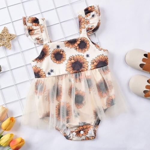 Infant Baby Girls Fly Sleeve Mesh Romper Summer Sunflower Printing Lovely Sleeveless Jumpsuit Children Infant Kid Casual Clothes