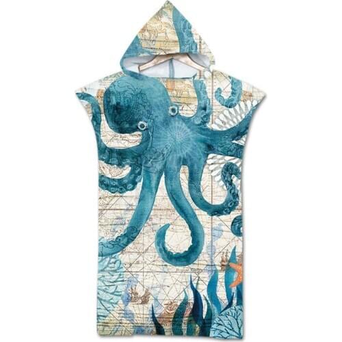 Octopus print retro hooded towel wearable bath towel travel sports microfiber beach towel adult towel