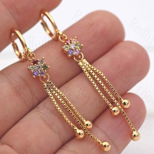Luxury Tassel Earrings for Women Gold Color Flower Drop Earring with Rainbow Zircon Trendy Jewelry for Wedding Engagement Gift