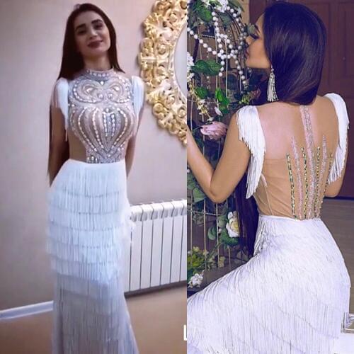 SoAyle High Neck Sheath Tassels Long Dress Beading Gorgeous Evening Dresses Prom Dresses Sheer Back Zipper up