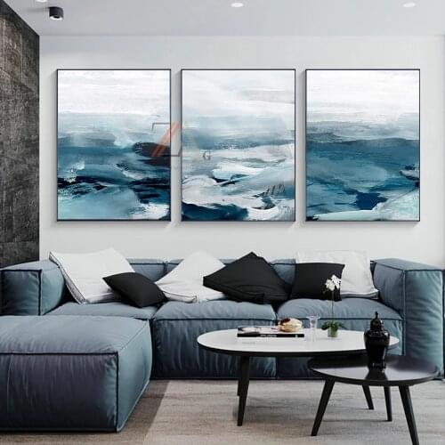Modern Fashion Blue Abstract Sea Waves Canvas Painting Wall Art Prints Poster Picture For Gift Giving And Home Room Decor