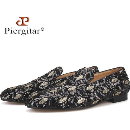 PIERGITAR 2019 Wedding and Prom Mixed colors men loafers luxurious glitter Handmade men smoking slippers plus size male flats