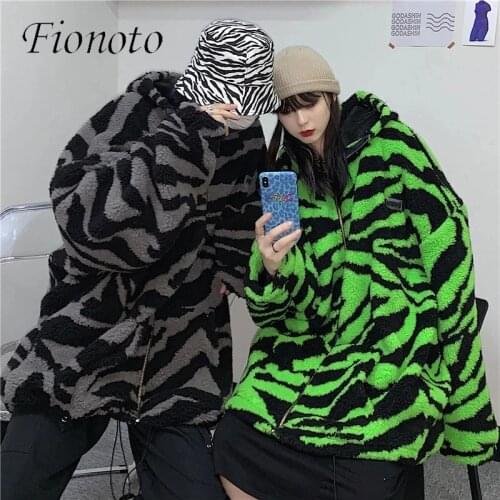 Streetwear Zebra Pattern Lamb Woolen Thicken Warm Zipper Hooded Padded Coats Women Men Harajuku Loose Outwear 2021 Winter