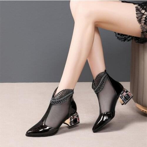 2021 Summer New Bling Bling Rhinestone Mesh Pointed toe Sandals Ankle Boots Stiletto High Heels Female Crystal Mesh Shoes