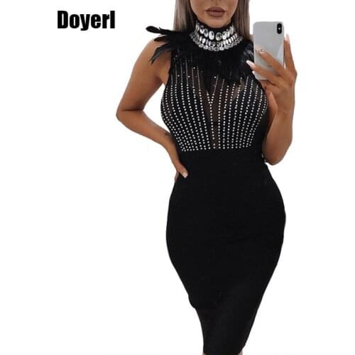 Women Luxury Sexy Party Dresses Elegant Bodycon Dress Sleeveless 2020 Summer Feather Patchwork Transparent Mesh Rhinestone Dress