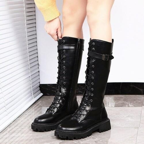 Womens 2021 autumn and winter new lace-up knight boots round toe lace belt buckle womens boots