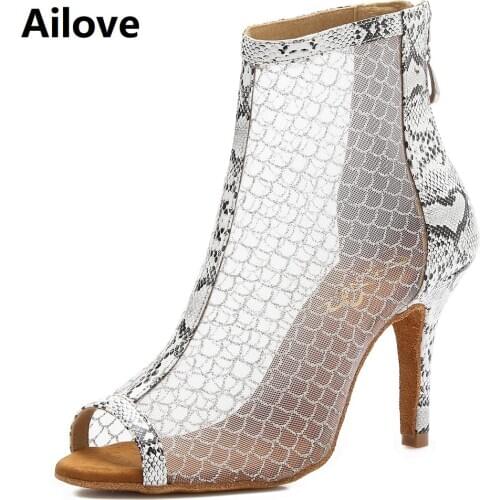 Ailove Women`s Social Ballroom Latin Salsa Dance Boots White Air-mesh Party Dancing Shoes with Snake Texture Back Heel S057