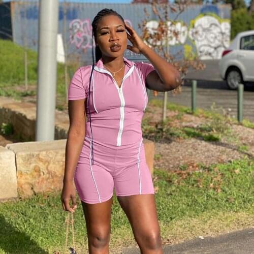 2021 Summer Women Sexy Striped Fitness Jumpsuit Short Sleeve Stand Collar Sporty Playsuit Activewear Workout Running Bodysuits