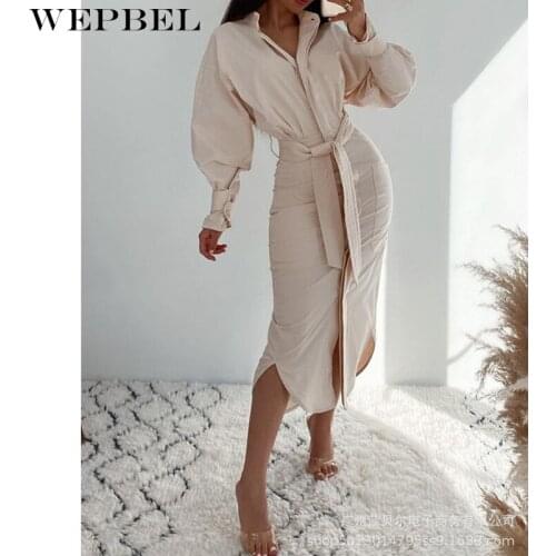 WEPBEL Women Elegant Long Shirt Dress Ladies Fashion Long Lantern Sleeve Stand Collar Single Breasted Lace Up Party Dress