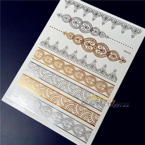 1PC Hot Flash Body Art Gold Silver Metallic Tattoo Men Women Henna YS-117 Indian Chain Lace Bracelet Waterproof Temporary Tattoo