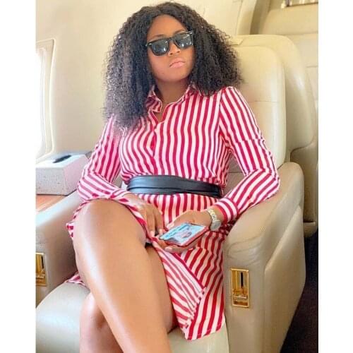 African Clothing For Women Party Chiffon Shirt Dress Long Sleeve Lapel Red Striped Office Dress With Belt Casual Work Wear