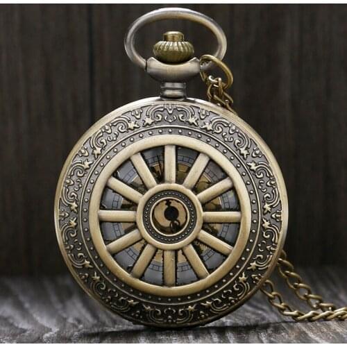 Antique Pocket Watch Hollow Bronze Carriage Wheel Cover Pendant Chain Retro Fob Watches Special Gifts for Boxing Day Birthdays