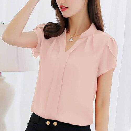 Korean Style Chiffon Blouse For Women Summer Shirt Summer Tops Work Office V Neck Short Sleeve Shirt blusas mujer de moda 2019