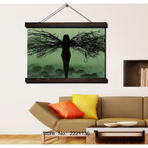 Black Tree Girl Nude Angel Scroll Painting Modern Home Framed Hanging Wall Decoration Artworks in High Definition Print Poster