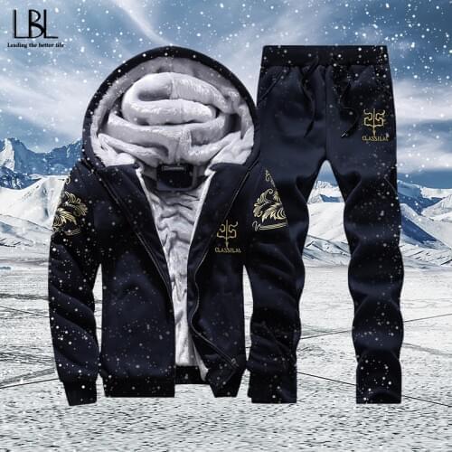 Fleece Tracksuit Men Winter Sportswear Warm Hoodies Set Male New Print Casual Jackets + Sweatpants Mens Sets Moletons Masculino
