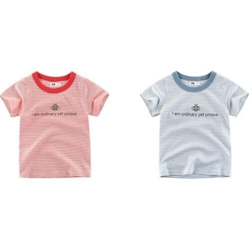 Striped T-shirt Letter Print Baby Boys Girls T Shirt Red Blue Clor For Summer For children Short Sleeve Top Tee