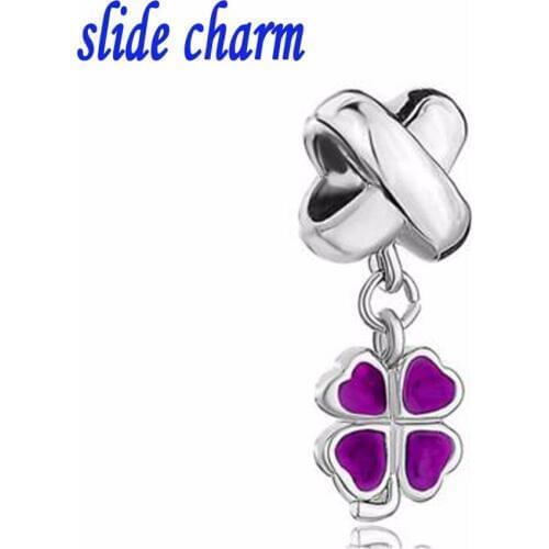 Slide charm wholesale Free shipping Leaf Clover Purple Drip Gum Dangle European Bead Charms Bracelets 1 fit Pandora bracelet