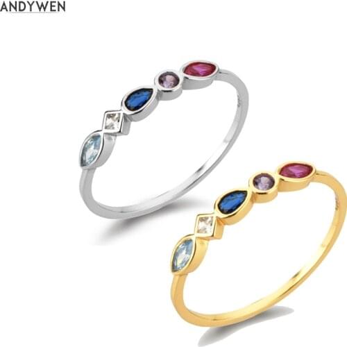 ANDYWEN 925 Sterling Silver Rainbow Blue Rose Red Rings Women Rock Punk Colorful Luxury Rings Jewelry Round Fashion Crystal