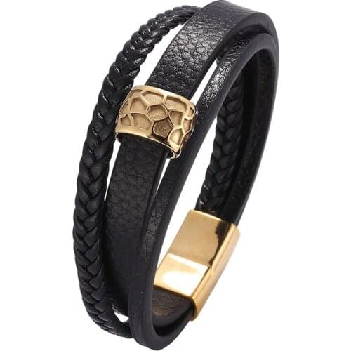 Fashion Male Jewelry Multilayer Leather Bracelet for Men Golden Stainless Steel Magnetic Buckle Charm Bracelets Bangles PD0673