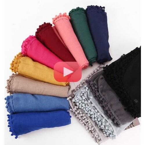 Muslim Headscarf Shawl Hijab Pom Balls Women Hijab Scarf Headband Soft TR Cotton Solid Color Turban Wraps Islamic Head Scarves