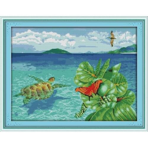 Joy Sunday The Sea Turtle Counted Cross Stitch Set Pattern Fabric 11CT 14CT Printed Stamped Home Decor Embroidery Needlework Kit