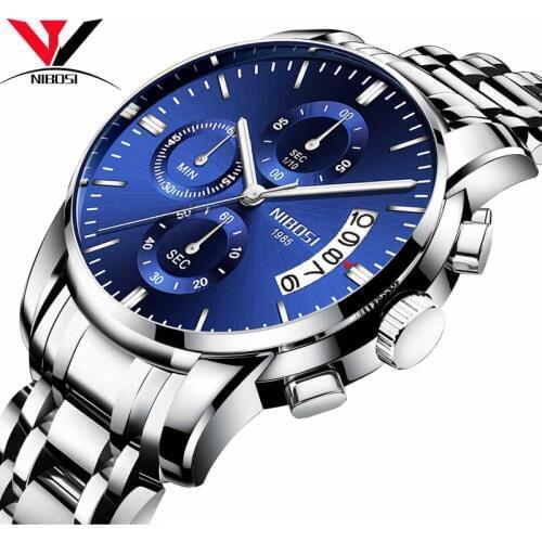 NIBOSI Blue Fashion Mens Luxury Stainless Steel Analog Quartz Wristwatch Waterproof Chronograph Man Clock Spor Erkek Saatler