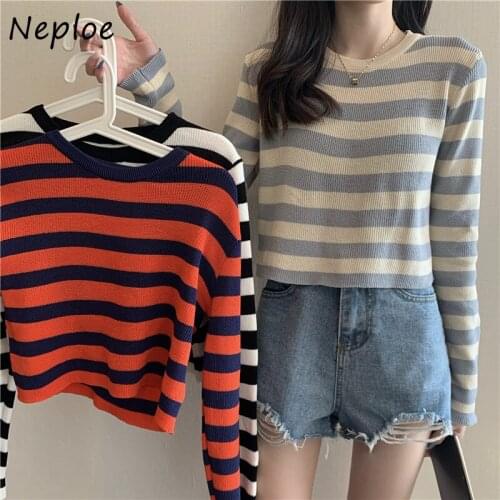 Neploe New Ice Silk Striped Long Sleeve Knitted Pullovers 2021 Korean Simple Early Autumn O-neck Women Sweater Tops 82374