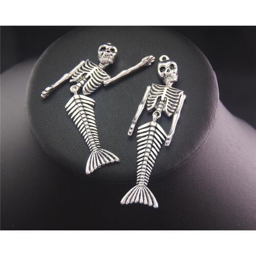 3Pcs Silver Color Mermaid Skeleton Charm Pendant DIY Necklace Bracelet Bangle Findings 72x18mm A2033