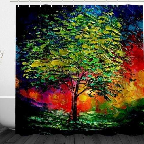 Multi-Size Painting The Night Sky Colorful Tree Design Custom Shower Curtains Bathroom Waterproof Mildew Polyester Fabric+12Hook