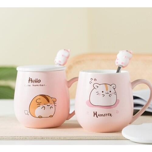Kawaii Hamster Mugs Creative Cartoon Ceramic Coffee Cup With Lid Spoon Cute Personality Mugs Office Milk Tea Breakfast Water Cup