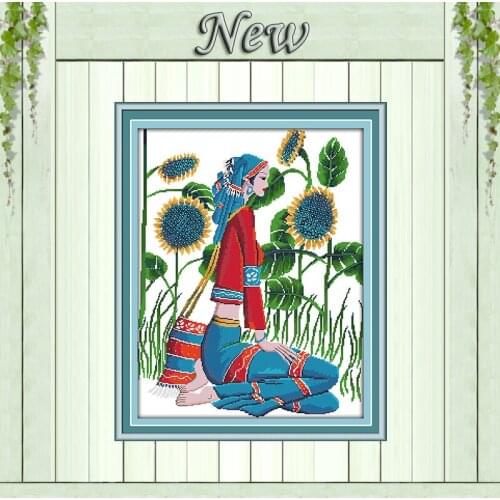 The sunshine feeling girl sunflowers Painting Counted Print on canvas DMC 14CT 11CT Cross Stitch Needlework Kits embroidery Sets
