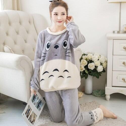 Womens Flannel Cartoon Pajamas Warm Sexy Sleepwear Set Top Women Cartoon Pajama Set 2Piece/Suit Long Shirt Pant Lingerie Homewe