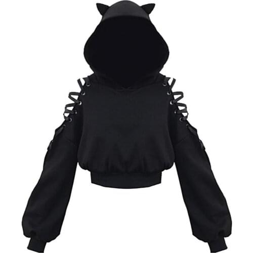 Womens Cat Ear Hoodie Pullover Hooded Sweatshirt Cute Blouse Long Sleeve Top Gothic Fashion Japanese Kawaii Cartoon Streetwear