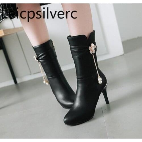 Womens Boots winter The New Pointed Crystal tassel pearl zipper Fine heel High heel Middle tube Womens shoes plus size 34-43