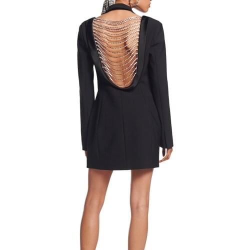 New Spring Autumn Black Blazer Coat Long Sleeve V Neck Beading Suit Jacket Female Fashion Slim Long Office Classic Blazers