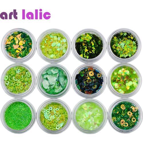 12Pcs Laser Green Nail Art Glitter Sequins Acrylic Tips UV Gel Polish Hologram For Manicure Tips Tools Decoration