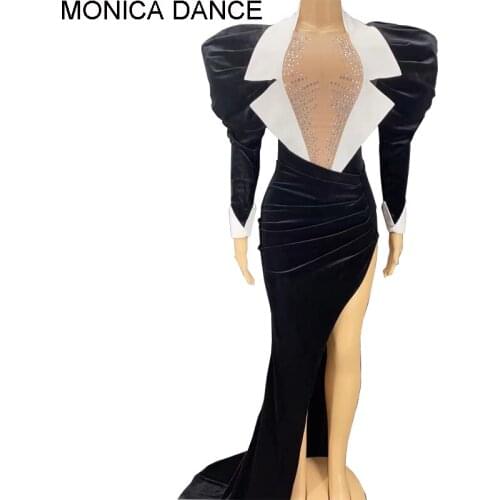 Sexy Black Velvet Big Sleeves 2Pcs Bodysuit Long Tail Skirt Dress Set Birthday Celebrate Dance Outfit Women Singer Evening Dress