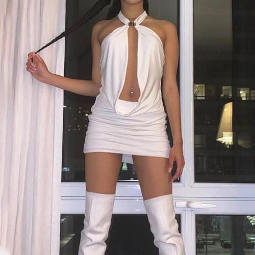 2021 Solid Halter Backless Bodycon Pullover High Waist Bandage Dress Women Fashion Design Sexy Hollow Out Female Club Chic Dress