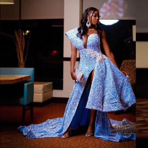 African Sequined Light Blue Prom Dresses Sheer O Neck High Side Slit Evening Dress For Black Girla Sexy robes de cocktail