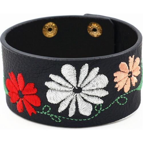 Black Pink Red Broider Flower New Arrival Fashion Wide Leather Bracelets Women Cufff Bangle Jewelry Accessories