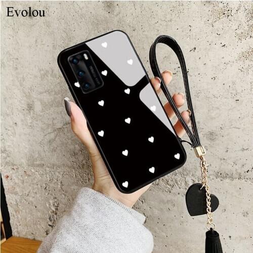 For Huawei P40 Pro Plus P30 Lite P20 P10 Cases Love Heart Tempered Glass Phone Case For NOVA 4E 3E Cover Tassel Lanyard Case