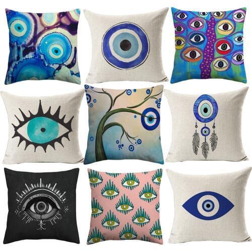 Evil Eye Cushion Cover Mediterranean And Asian Tribes Culture Cushion Covers Sofa Decorative Beige Linen Pillow Case New