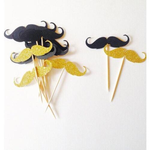 Black & gold glitter mustache cupcake toppers, wedding party engagement food picks birthday cake decorations