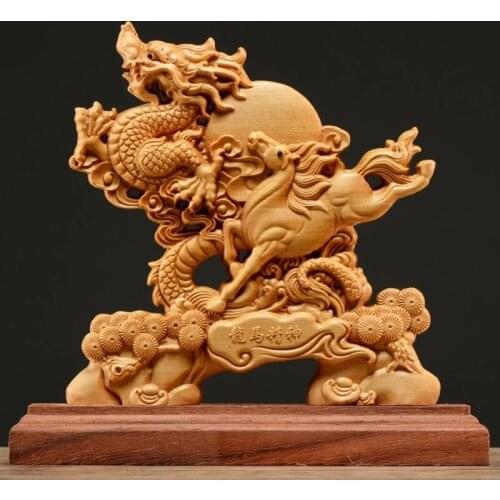 Thuja Wood 21CM Dragon Horse Sculpture Decorative Dish Hollow Wood Carving Lucky Gift Animal Collection Home Decor